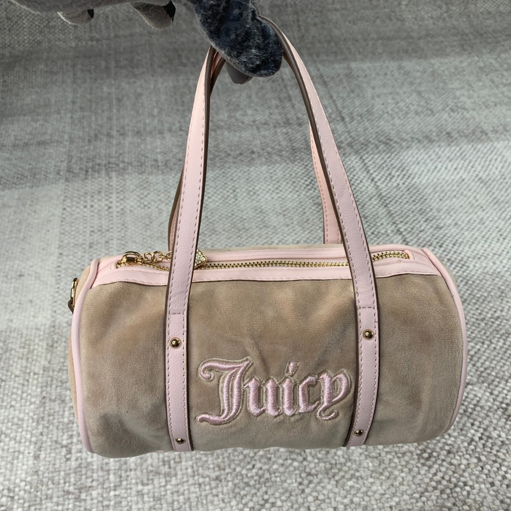Juicy Couture Barrel Bag Women Small Tan Pink Velour Y2K Rhinestone Heart Charm